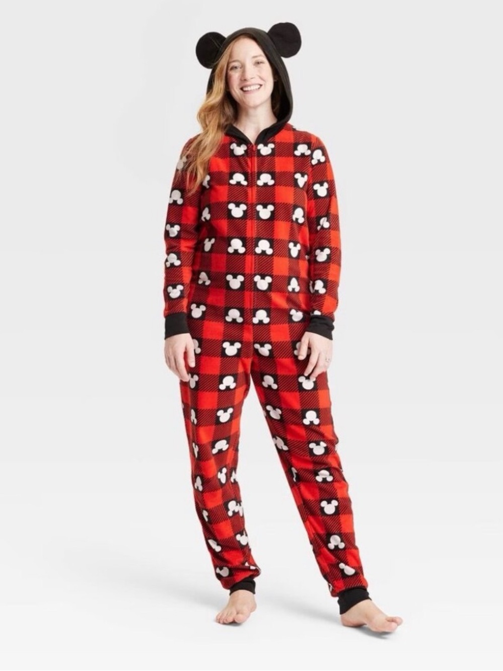 Women’s Red Plaid Mickey Mouse Hooded Pajamas-Size Medium